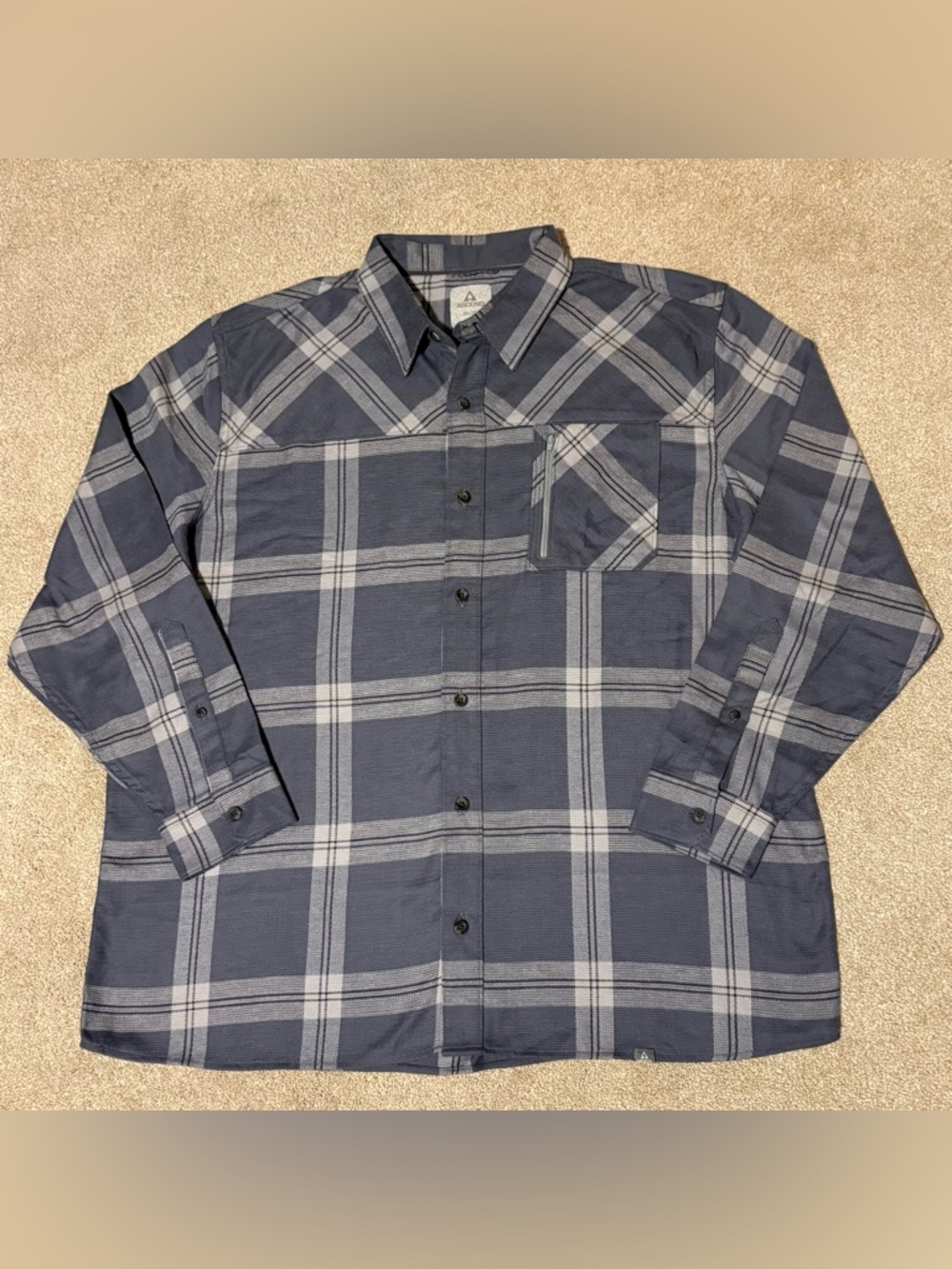 Ascend Men's 2XL Flannel Shirt Zip Front Pocket Button Down Bluish Gray Plaid